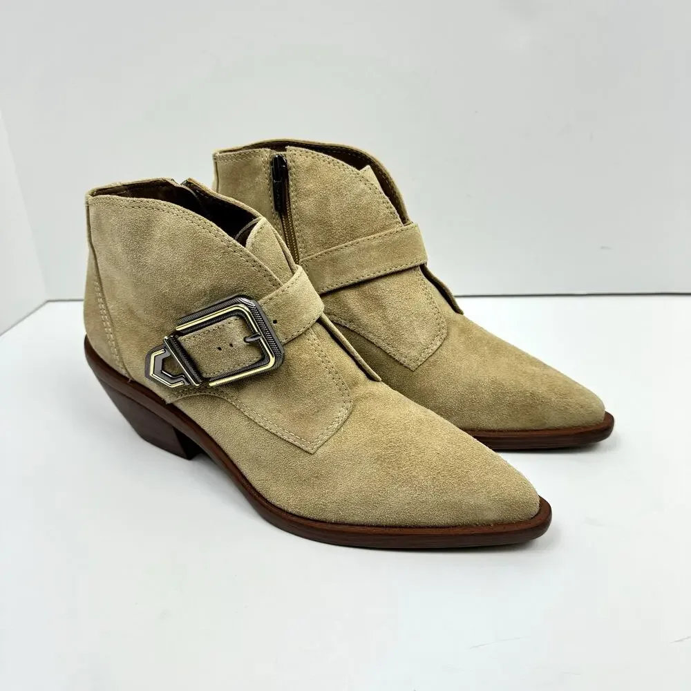 NEW Vince Camuto Ashena Tan Suede Leather Buckle Zip Up Bootie Ankle Boots